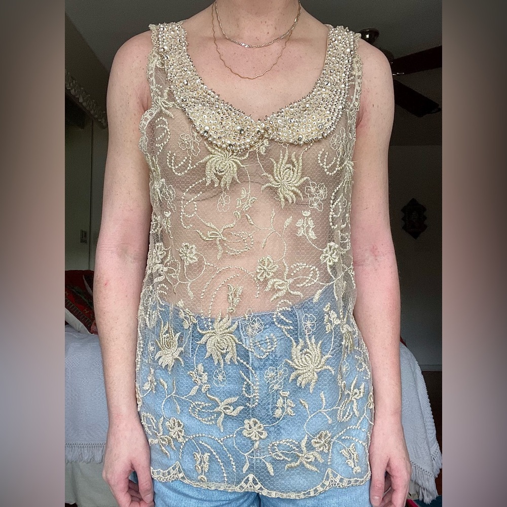 French lace top with beaded Peter Pan collar
